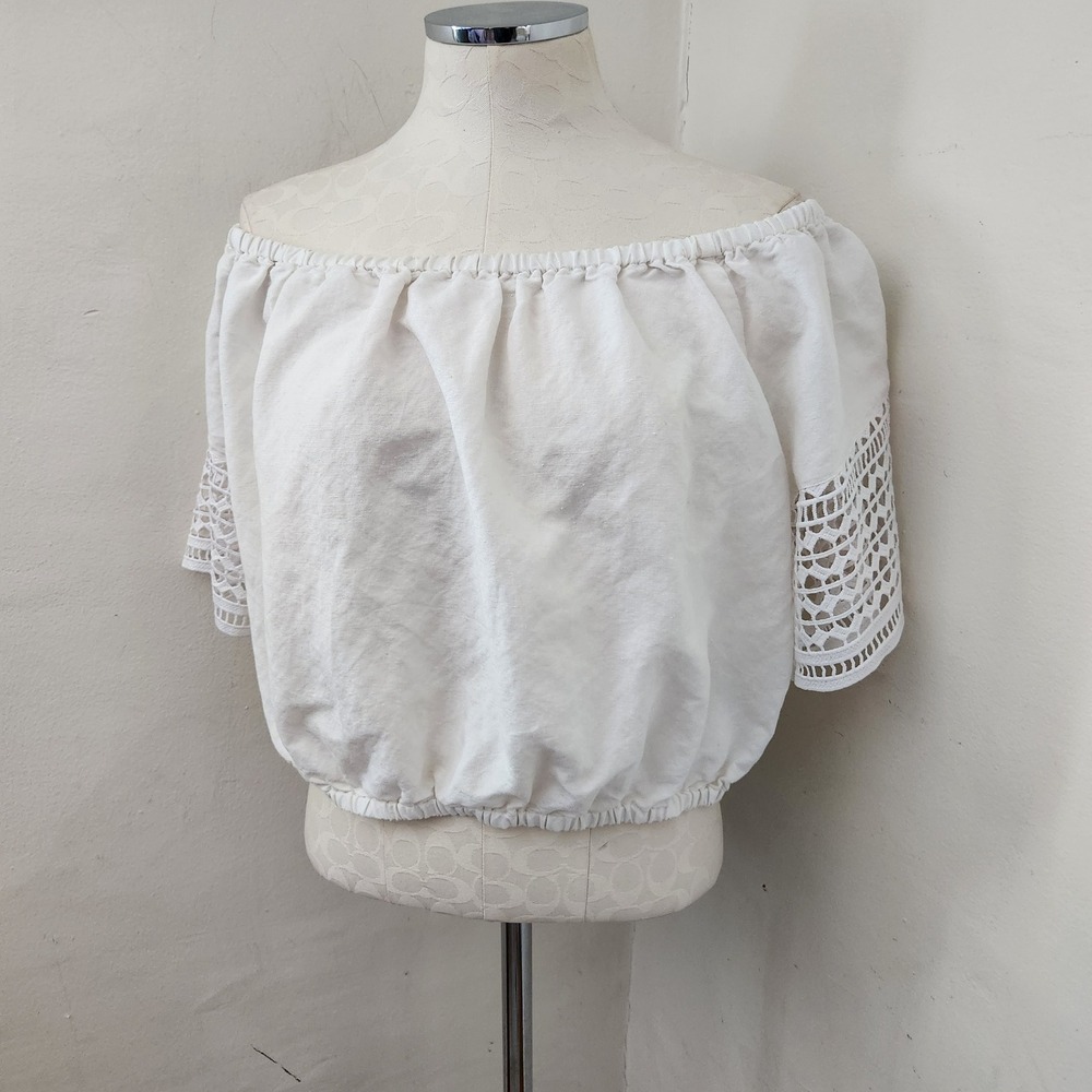 Ashley Stewart White Linen Blend Off Shoulder Crochet Lace Crop Top Womens 16W - Picture 6 of 6